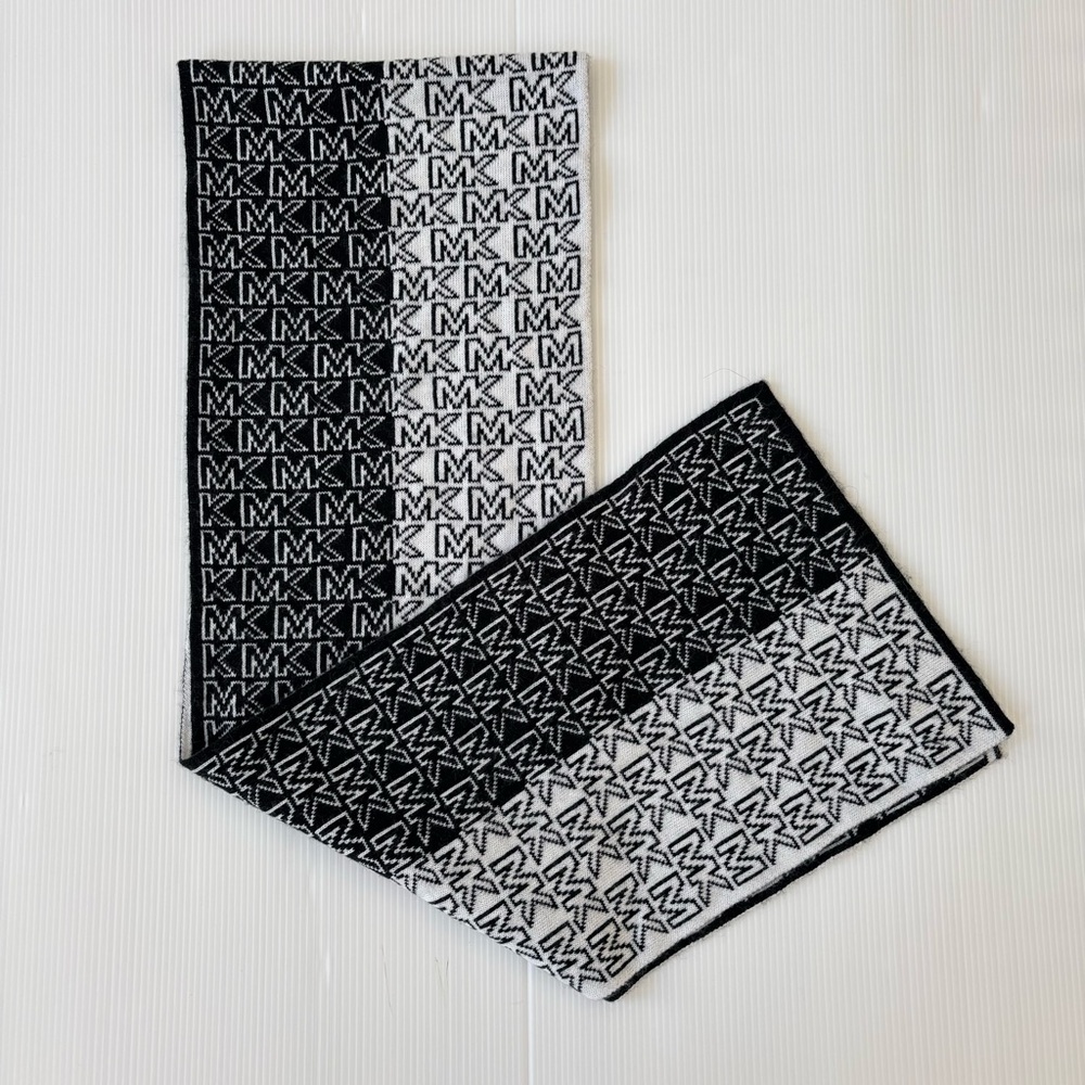 MICHAEL Michael Kors Black & White MK Monogram Logo Scarf 66” x 9.5”